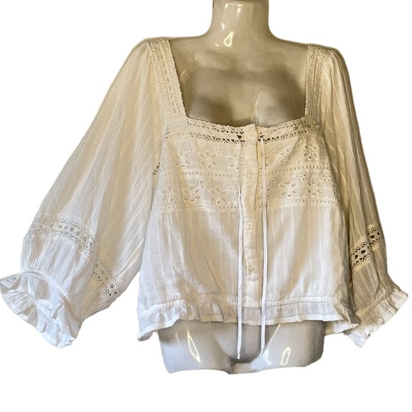 American Eagle Outfitters Tops - American Eagle White Gauze Cropped Peasant Top with Square Neck Puffed Sleeves